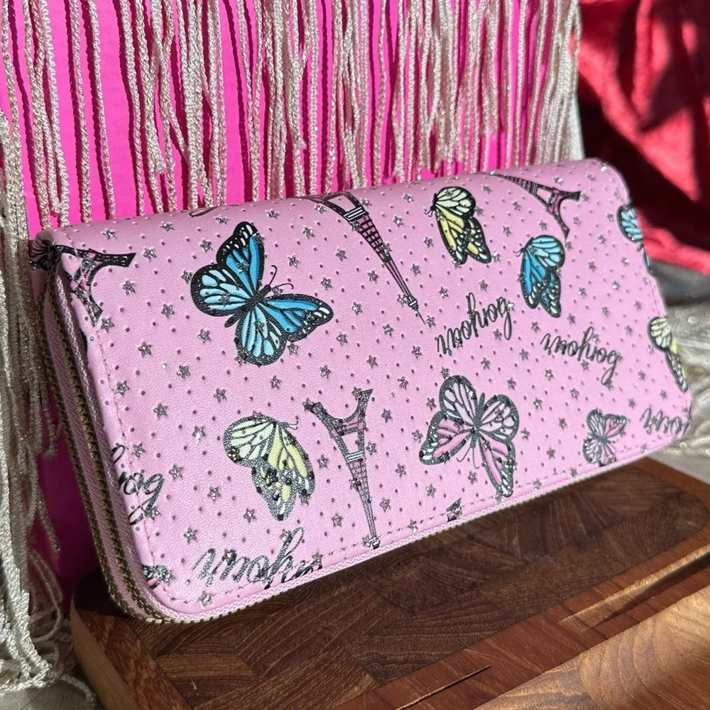 “Blu Crush” Pink & sparkle Double Zip Long Wallet Eiffel Tower Butterflies NWOT - Picture 4 of 8